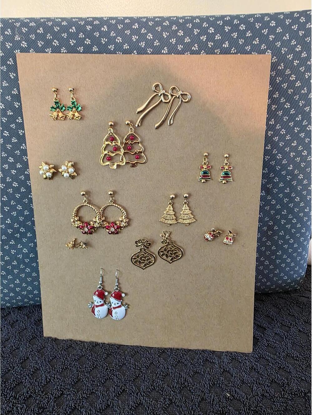 Christmas Holiday Earring Lot Gold Tone Snowman Tree Bell Bow Costume Jewelry